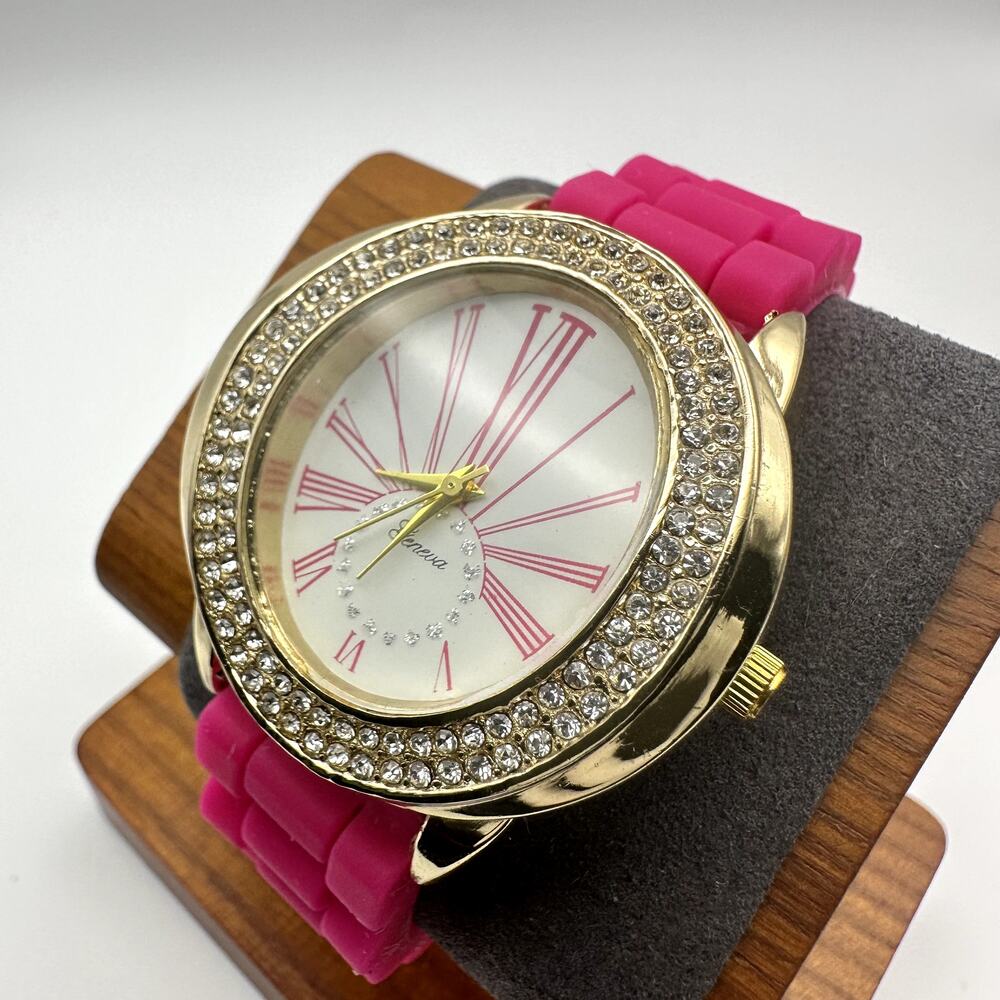 Geneva Pink Silicone Strap Watch Gold Tone Rhinestone Bezel Roman Dial